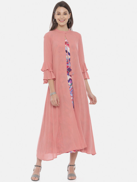 

Neerus Women Peach-Coloured Colourblocked A-Line Kurta