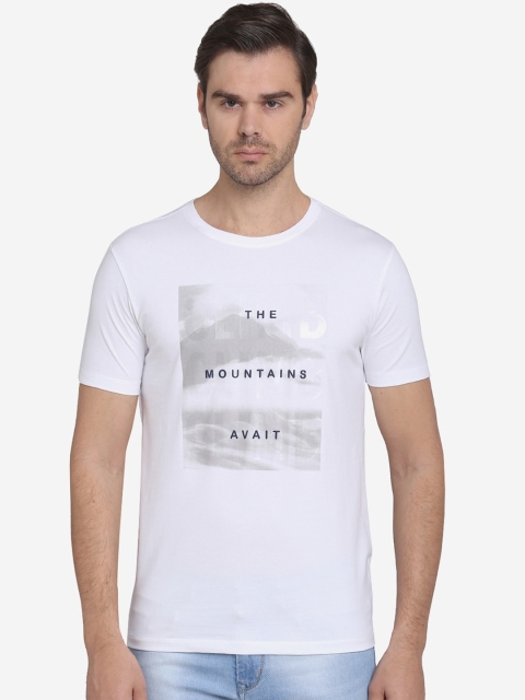 JADE BLUE Men White Printed Round Neck T-shirt
