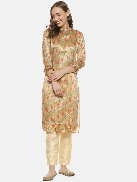 

Instafab Women Gold Floral Printed Straight Kurta