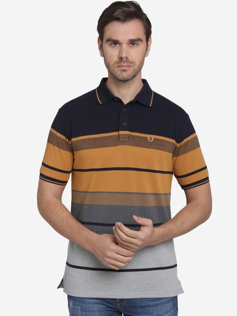 

JADE BLUE Men Mustard Yellow & Grey Striped Polo Collar T-shirt