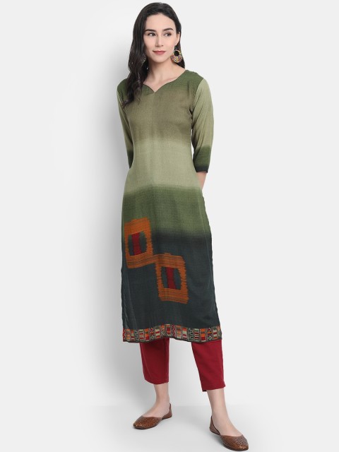 

7Threads Women Green Printed Straight Kurta