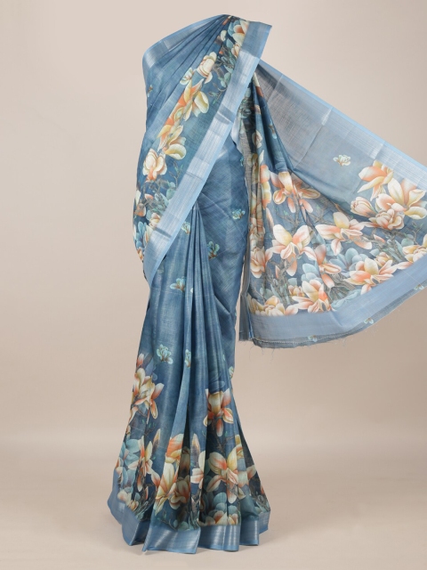 

Pothys Blue Floral Printed Linen Blend Saree