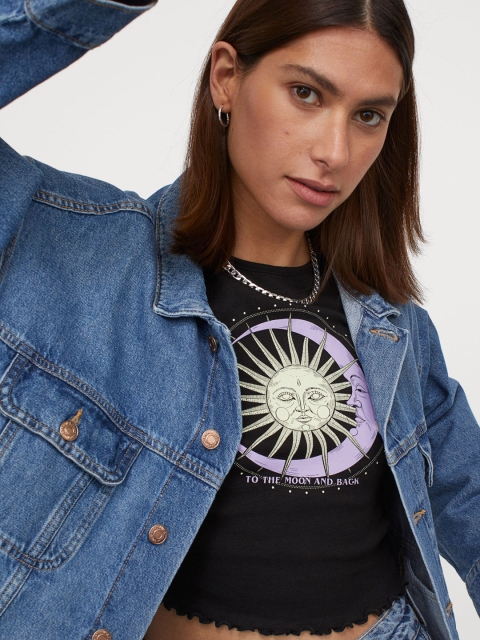 

H&M Women Black Printed Ribbed Jersey Top