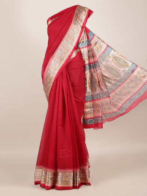 

Pothys Red & Gold-Toned Jute Silk Solid Saree