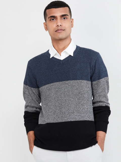 

max Men Blue & Grey Colourblocked Pullover Sweater