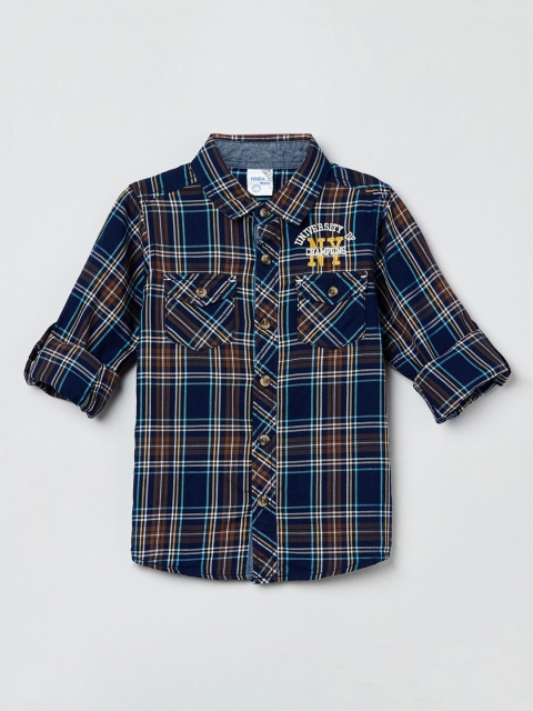 

max Boys Navy Blue & Brown Regular Fit Checked Cotton Casual Shirt
