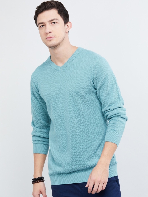

max Men Turquoise Blue Self Design Pullover Sweater