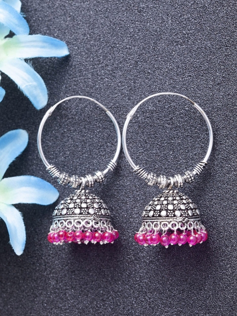 

Stoln Silver-Toned & Pink Set of 3 Dome Shaped Jhumkas