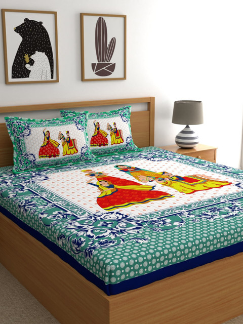 

LA VERNE Green & White Ethnic Motifs 104 TC Cotton 1 Queen Bedsheet with 2 Pillow Covers