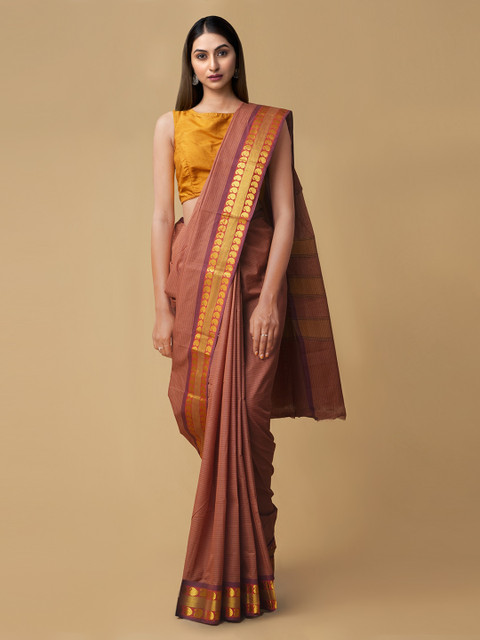 

Unnati Silks Brown & Gold-Toned Pure Cotton Solid Chettinad Saree