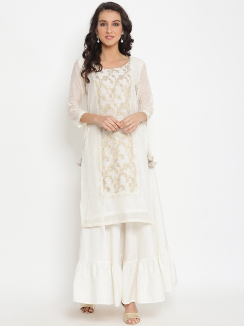 

Abhishti Women White & Gold-Toned Woven Design A-Line Kurta