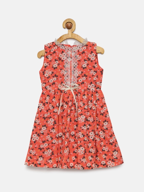 

mini miao Girls Orange Floral Printed Fit and Flare Dress