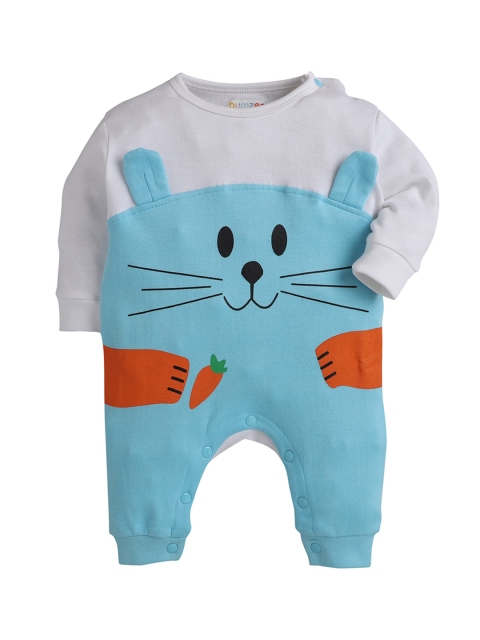 

BUMZEE Infant Kid Off-White & Blue Full Sleeve Rabbit Printed Cotton Sleepsuit