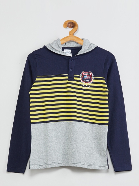 

max Boys Navy Blue & Yellow Striped Hood Cotton T-shirt