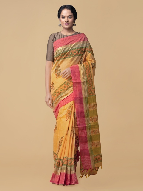 

Unnati Silks Orange & Pink Pure Cotton Printed Mangalagiri Sustainable Saree