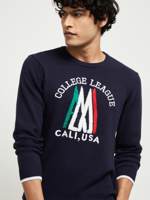 

max Men Navy Blue Embroidered Cotton Pullover Sweater
