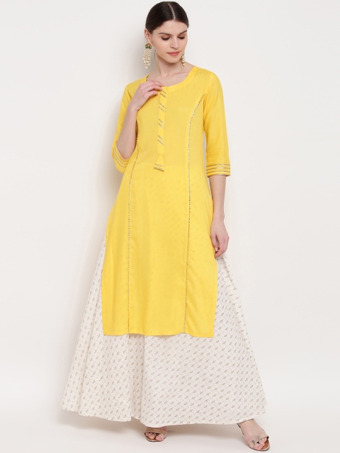 

Khushal K Women Yellow & White Solid Kurta with Skirt