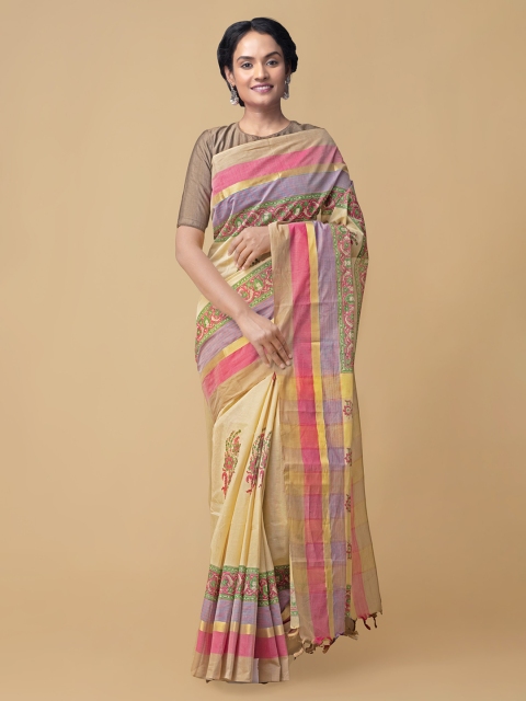 

Unnati Silks Cream-Coloured Pure Cotton Woven Design Handloom Mangalagiri Saree
