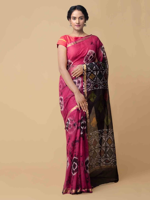 

Unnati Silks Pink & Navy Blue Pure Cotton Printed Batik Shibori Kota Saree
