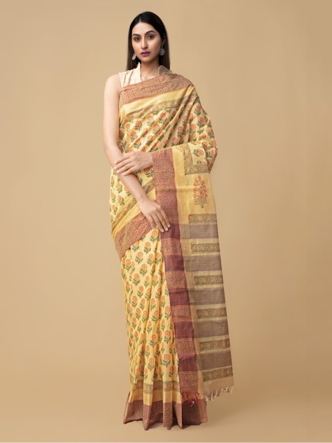 

Unnati Silks Yellow Pure Cotton Printed Mangalagiri Saree