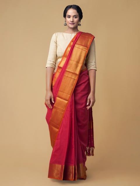 

Unnati Silks Red Pure Cotton Solid Narayan Peth Saree