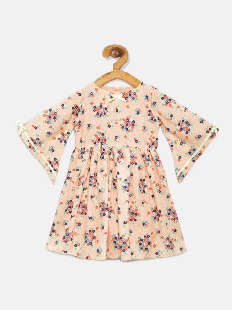 

mini miao Girls Peach Floral Printed Fit and Flare Dress