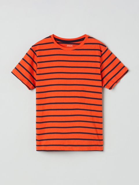 

max Boys Orange Striped Round Neck Cotton T-shirt