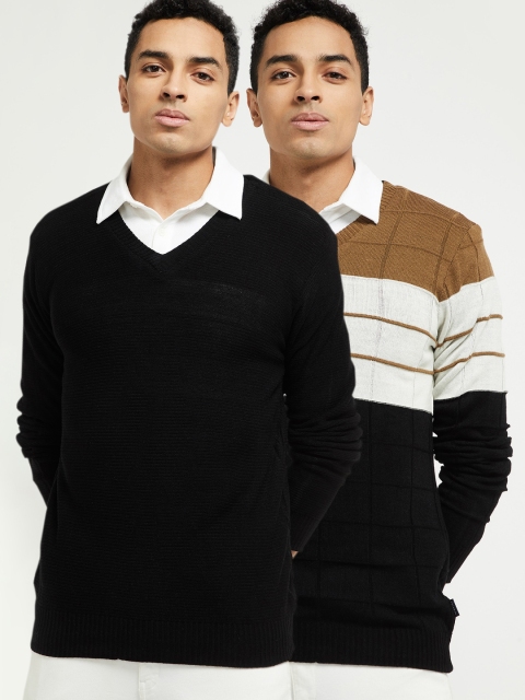 

max Men Black & Brown Striped Reversible Pullover Sweater