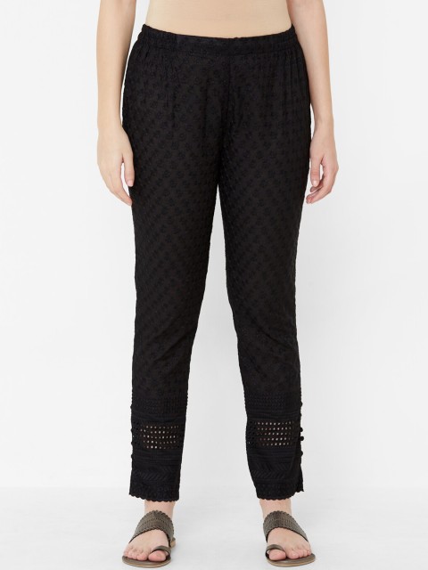 

Juliet Women Black Self Design Regular Trousers