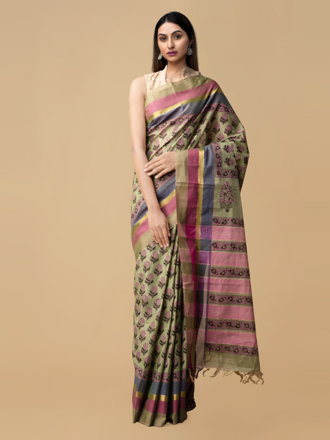 

Unnati Silks Green & Blue Pure Cotton Printed Mangalagiri Saree