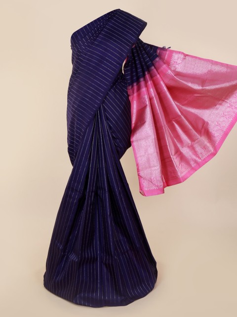 

Pothys Navy Blue & Silver-Toned Pure Silk Striped Kanjeevaram Saree