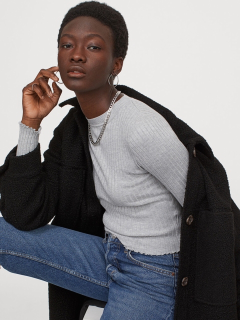 

H&M Women Grey Self Design Ribbed Top