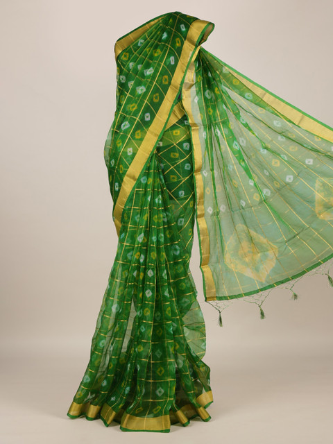 

Pothys Green Printed Linen Blend Saree with Jhalar Pallu