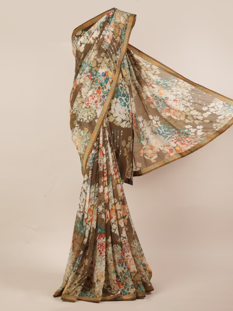 

Pothys Brown Floral Printed Poly Chiffon Saree