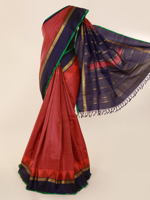 

Pothys Red & Blue Pure Silk Woven Design Kanjeevaram Saree with Jhalar Pallu