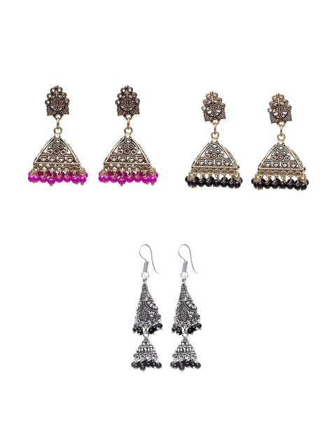 

Stoln Silver-Toned & Pink Set of 3 Dome Shaped Jhumkas