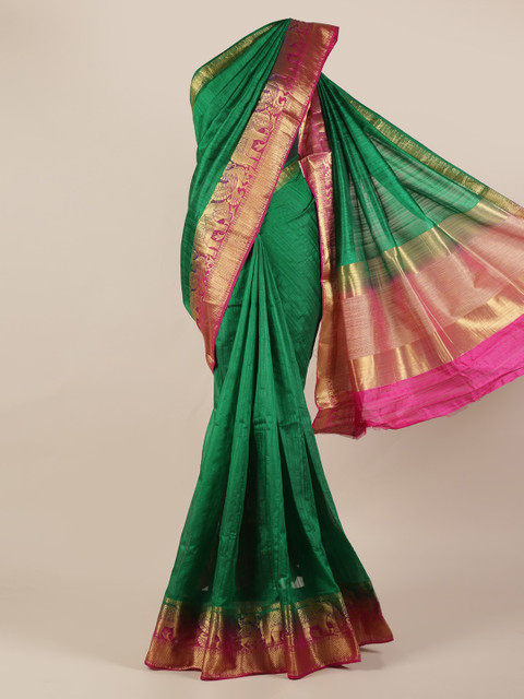 

Pothys Green & Pink Jute Silk Solid Saree