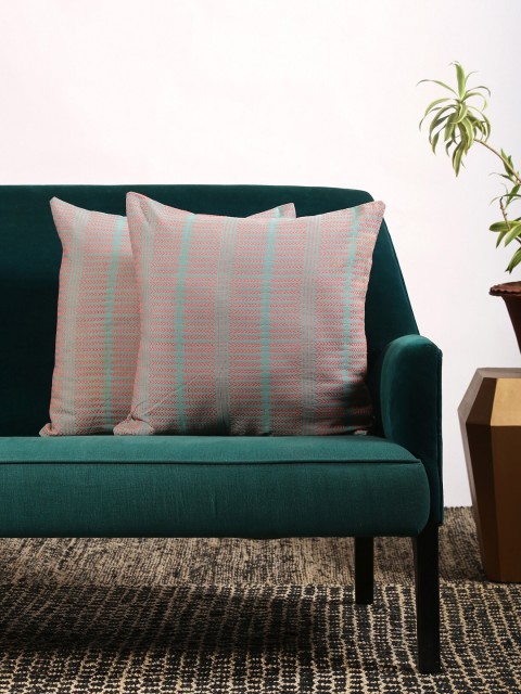 

Contrast Living Green & Red Set of 2 Self Design Square Cushion Covers