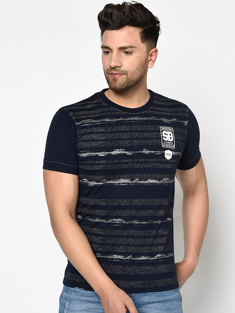 

Duke Men Navy Blue Striped Round Neck T-shirt