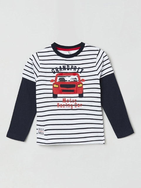 

max Boys White Striped Round Neck T-shirt
