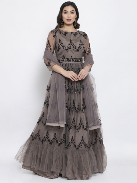 

KHALOM Women Brown & Black Embroidered Maxi Dress with Dupatta