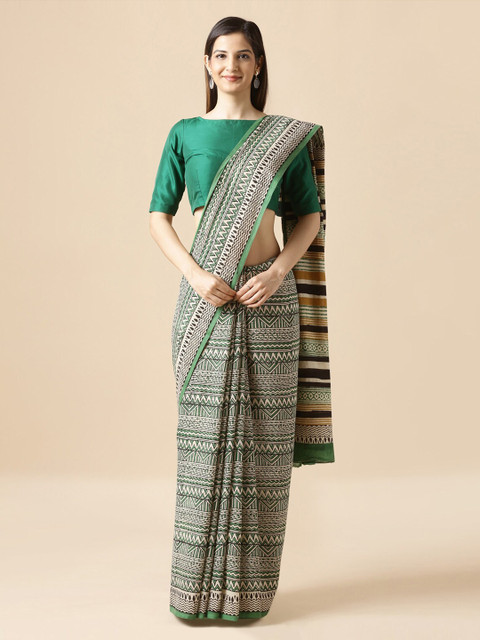 

Taneira Black & Green Pure Cotton Printed Bagru Saree