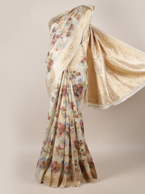 

Pothys Cream-Coloured & Gold-Toned Jute Silk Printed Saree