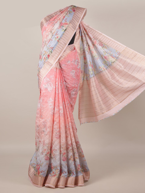 

Pothys Pink & Blue Jute Silk Printed Saree