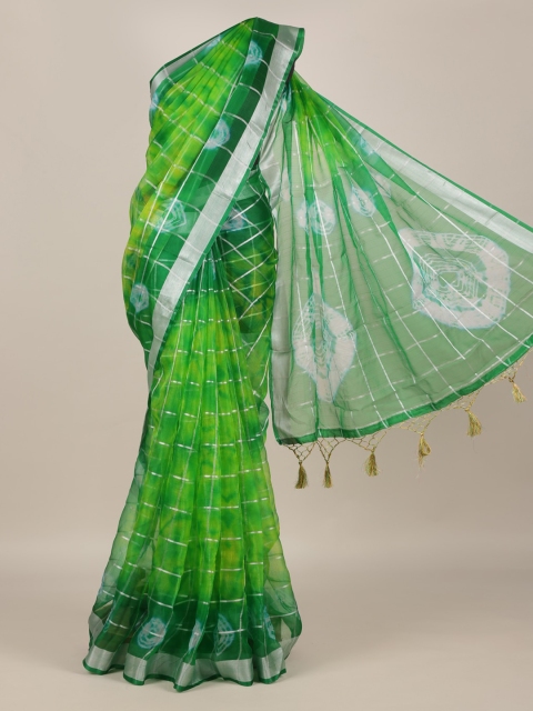 

Pothys Green & Silver-Toned Linen Blend Printed Saree with Jhalar Pallu