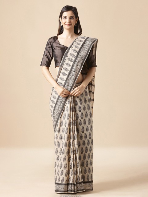 

Taneira Cream-Coloured & Black Pure Cotton Printed Bagru Saree