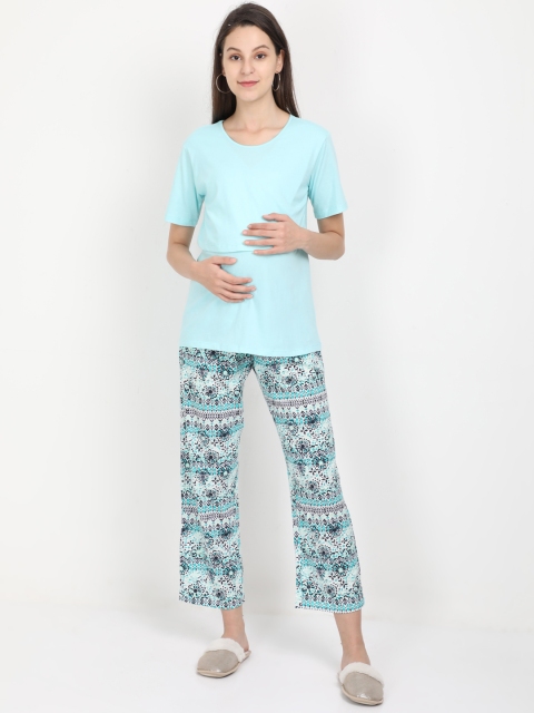 

The Mom Store Women Turquoise Blue & Black Maternity Floral-Print Night Suit