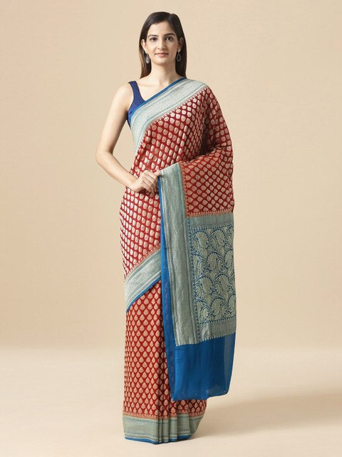

Taneira Red & Gold-Toned Pure Georgette Woven Design Banarasi Saree