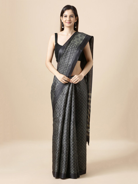 

Taneira Black Pure Silk Printed Tussar Saree
