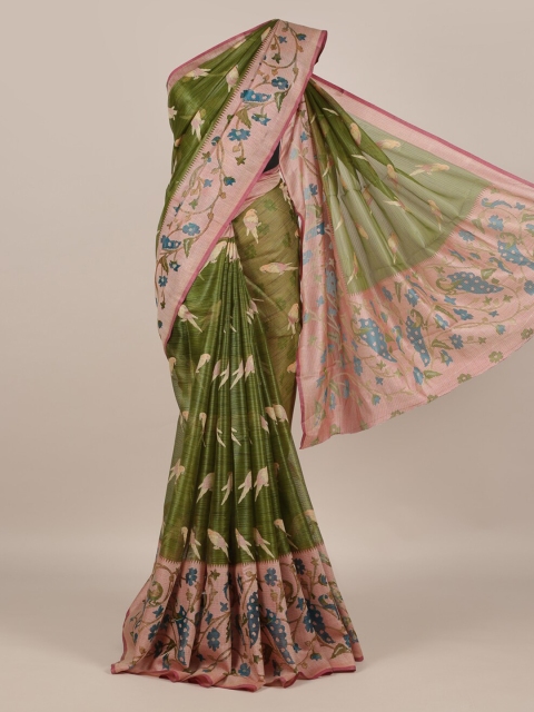 

Pothys Olive Green Printed Jute Silk Saree